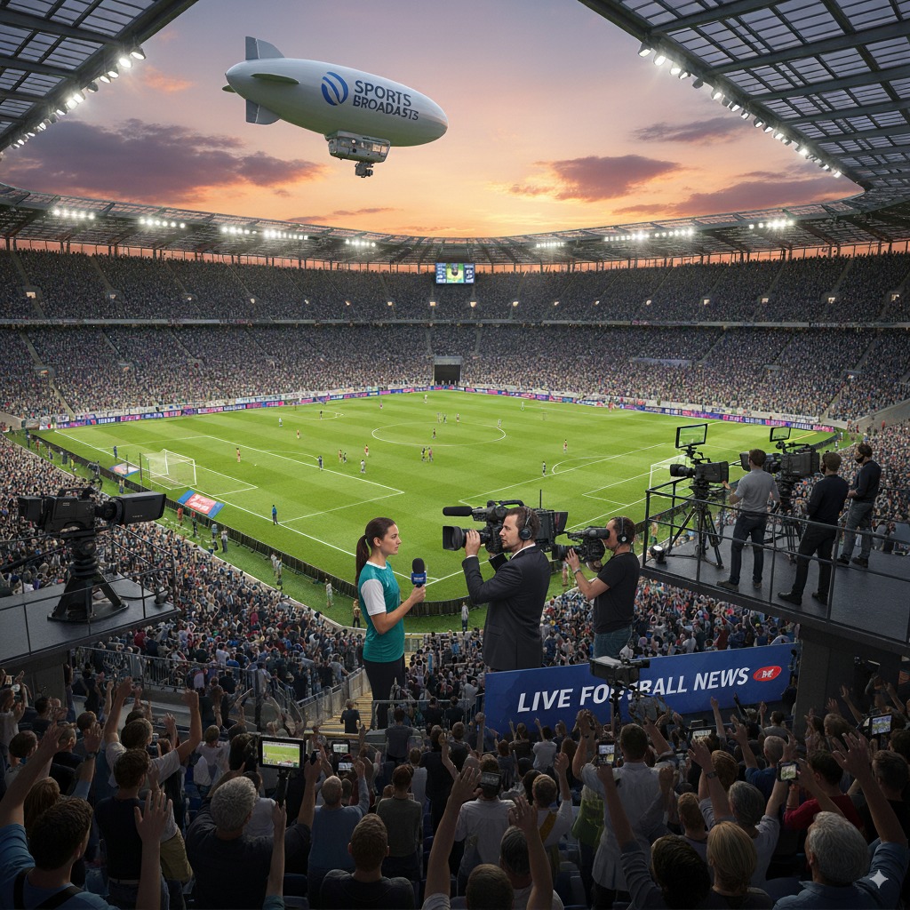 Photo of a football match, illustrating the mix of connectivity needs for covering a live football match, from main broadcast cameras to wireless cameras for interviews