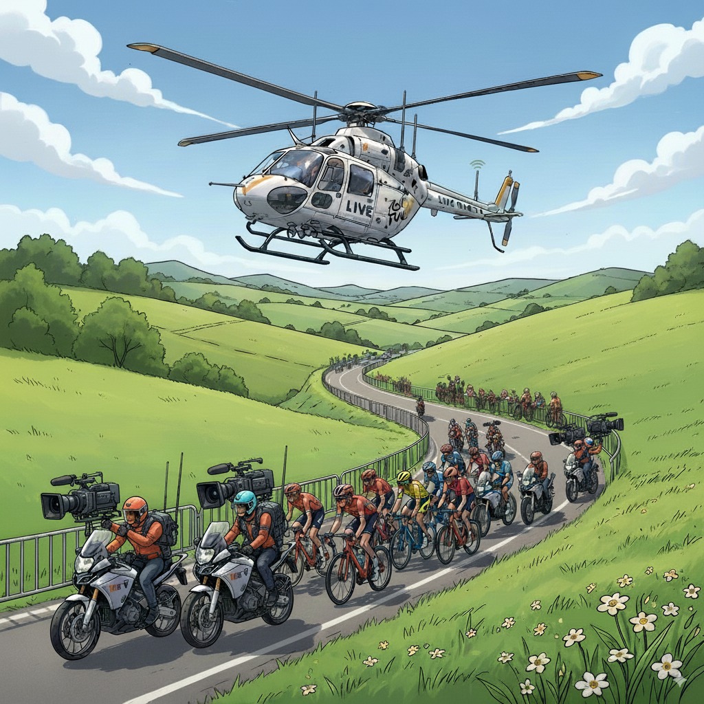 Photo illustrating the Tour de France, showing a high-mobility camera, such as one on a motorbike, capturing close-up footage of riders